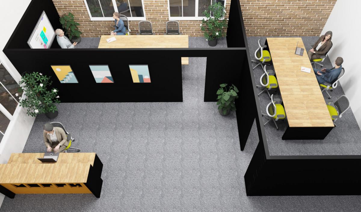 Hybrid office space with Morph room and walls separating workers from a Morph reception desk